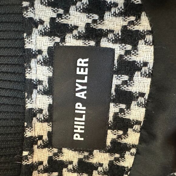 Philip Ayler White Black French Tweed Houndstooth Black Trim Zip Bomber Jacket - Picture 8 of 10